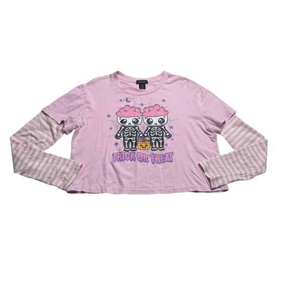Sweet Society Skeleton Pink Stripe Twofer Long Sleeve T Shirt Trick or Treat L - Picture 5 of 14